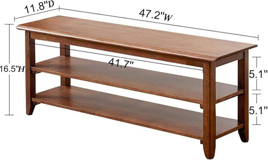 Dewfig Shoe Bench with Storage for Entryway, 48", Shoe Rack Bench with 3-Tier Organizer Shelf for Hallway, Bedroom, Living Room, Solid Wood, Holds Up to 550Lbs, Dark Brown