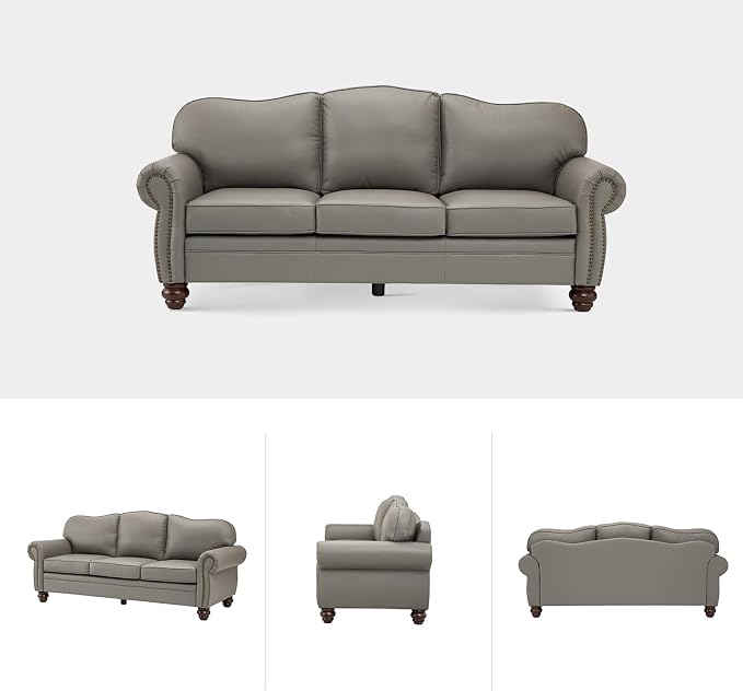 81" Genuine Leather Sofa, Classic 3-Seater Couchs with Wood Legs, Stylish & Comfortable Sofa for Living Room or Office, Easy Assembly and Maintain & Long-Lasting, Grey