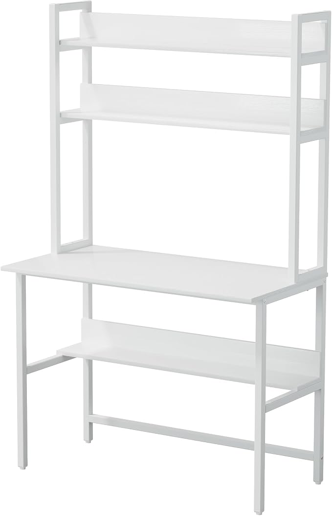 Aquzee Computer Desk with Hutch, 40“W x 19.6" D Desk with Shelves, Tall Home Office Desk with Bookshelf, Metal Legs Study Table with Upper Storage Shelf for Study Writing/Workstation, White