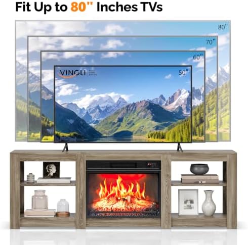VINGLI 70" Farmhouse Fireplace TV Stand for 80 Inch TVs, Gray Oak