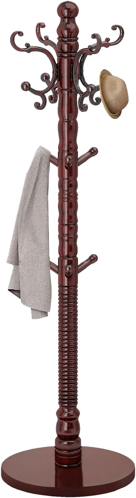 OIRUMIE Wood Coat Rack Stand, Wooden Coat Rack Freestanding with Sturdy Round Base, Vintage Coat Racks with 14 Hooks, Natural Birch Wood Entryway Coat Tree Hanger Stand Easy to Assemble