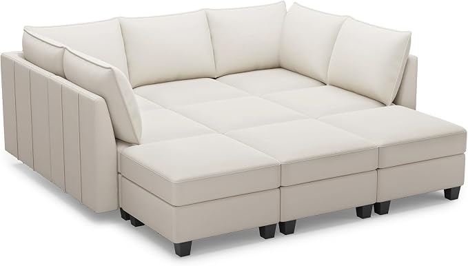 Belffin Modular Sectional Sofa Bed with Storage, 9-Seater Velvet Reversible Sleeper Couch for Living Room, Beige