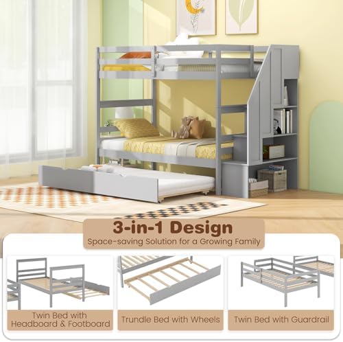 GIANTEX Bunk Bed Twin Over Twin with Trundle & Storage Stairs, Solid Wood Bunk Bed, Convertible to 2 Beds, Versatile Bunk Beds for Kids Teens Adults, Grey