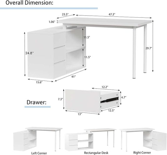 Bobve L Shaped Computer Desk, 47 Inch Home Office Desk with File Drawers & Storage Shelves, Small Corner Computer Desk for Small Space (White)