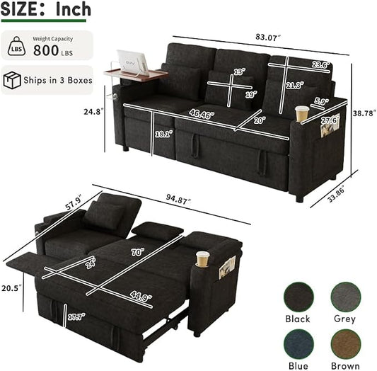 83" Recliner Sofa Bed, 3-in-1 Chenille Sleeper Sofa, Pull Out Couch with Adjustable Backrest, USB, Side Pocket, Table, Cup Holder, Cloud Couch for Living Room, Apartment, Small Space, Black