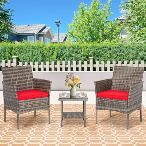 FDW 3-Piece Patio Furniture Set | Gray & Red | Outdoor Wicker Furniture