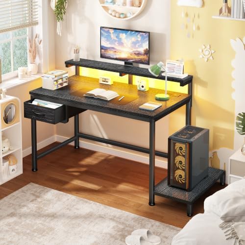 DurayLoly 32" Gaming Desk with Power Outlet and LED Lights,Bedroom,Black