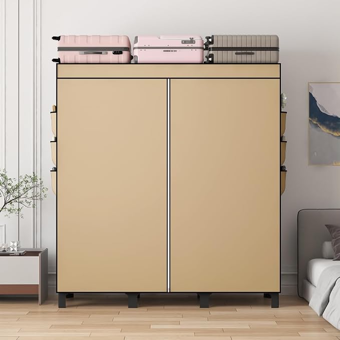 Portable Closet, 51.18" Large Capacity Wardrobe with 3 Hanging Rods, 6 Shelves & 18 Side Pockets, Dustproof Organizer for Bedroom, Dorm & Apartment (Cream Colour, Large)