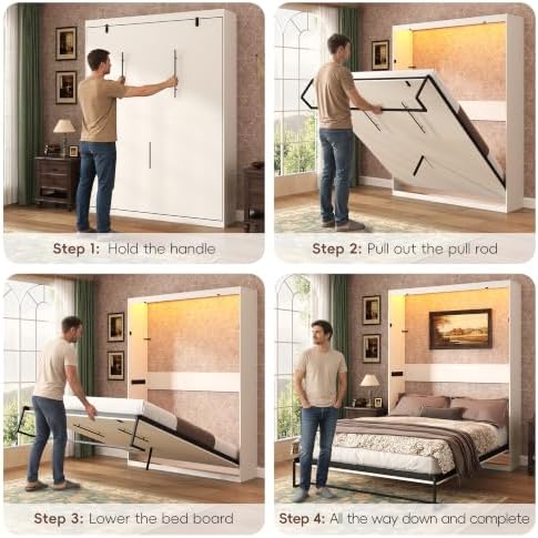 Squireewo Queen Size Murphy Bed with LED Light, Space-Saving Wall Bed Frame with Gas Struts, Bed Cabinet for Guestroom, Office, Bedroom, No Box Spring Needed, White