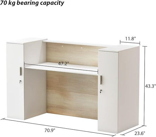 AIEGLE Large Reception Desk with Counter, Retail Counter with Private Lockable Storage & Adjustable Shelves, for Salon Reception Room Checkout Office, Natural and White (70.9" W)