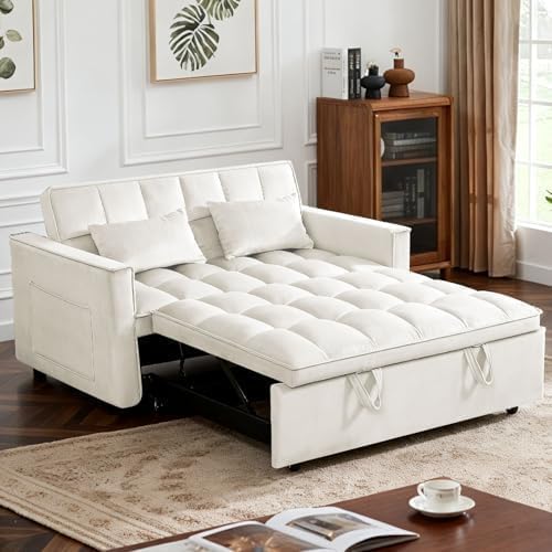 Convertible Sofa Bed, Pull Out Couch with Side Pockets, 3 in 1 Velvet Fabric Loveseat Sleeper Sofa Bed, Pull Out Couch with Adjustable Backrest for Living Room, Bedroom, Apartment, White