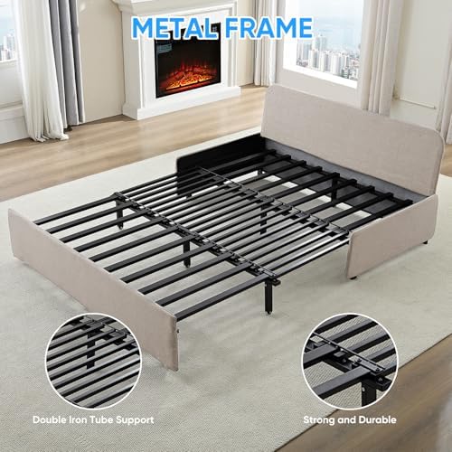 PUREMIND Queen Size Pull Out Sleeper Sofa Bed, Linen Convertible Sofa Bed with Foldable Mattress, Loveseat Couch Pull Out Bed with 2 Cushions for Small Place, Apartment, Office Beige
