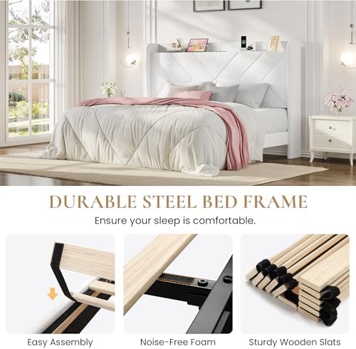 SHA CERLIN King Size Bed Frame, Velvet Upholstered Platform Bed Frame with Wingback Storage Headboard & Charging Station, Geometric Tufted Design, No Box Spring Needed, Easy Assembly, White
