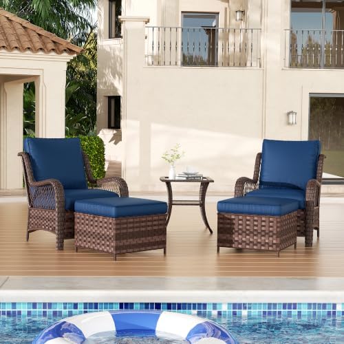 Outdoor Ottoman Set of 2, Patio Large Ottoman Foot Rest with Thickened Cushions, Outdoor Wicker Foot Stool for Porch, Deck Use, Blue