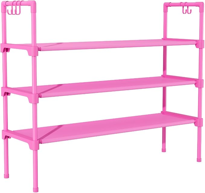 LANTEFUL 3 Tier Shoe Rack for Closet, Shoe Organizer with 5 Hooks, Long Shoe Shelf Storage for Shoe and Boot Stackable Free Standing Shoe Rack for Entryway, Garage, Small Spaces, Dorm, Pink