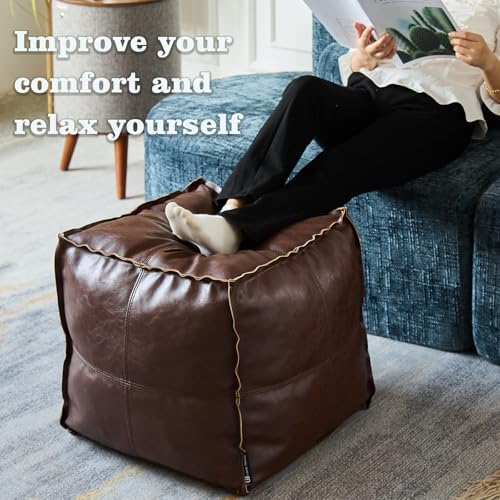 Louis Donné 18 Inch Square Unstuffed Pouf Ottoman Cover, Waterproof Faux Leather Footstool, Moroccan Floor Cushion with Storage, Easy Clean for Living Room, Coffee Brown, Cover Only