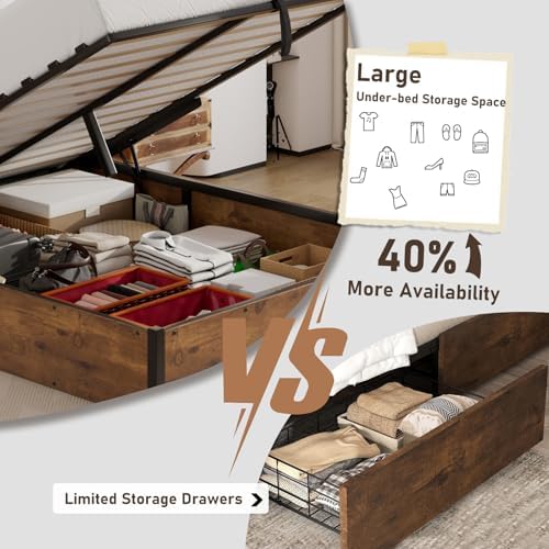 YUMPIE Queen Lift Up Storage Bed Frame, Rustic Brown