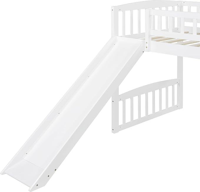 Twin Size Loft Bed, Wood Loft Bed with Slide and Ladder, White