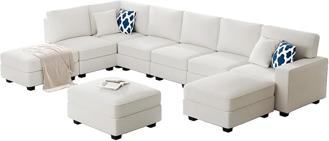 Legend Vansen Oversized Modular Sectional Sofa,U/L‑Shaped Reversible Couch with Ottoman,Deep Seat Plush Polyester Sofa for Living Room,9‑Seater,Cream