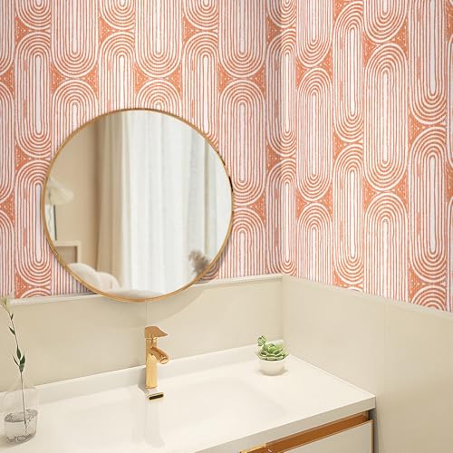 Livelynine Mid Century Modern Wallpaper Peel and Stick Orange Funky Wall Paper for Bathroom Trendy Geometric Contact Paper for Cabinets Walls Renter Friendly Bright Colors 70s Abstract Lines 17.5x78.8