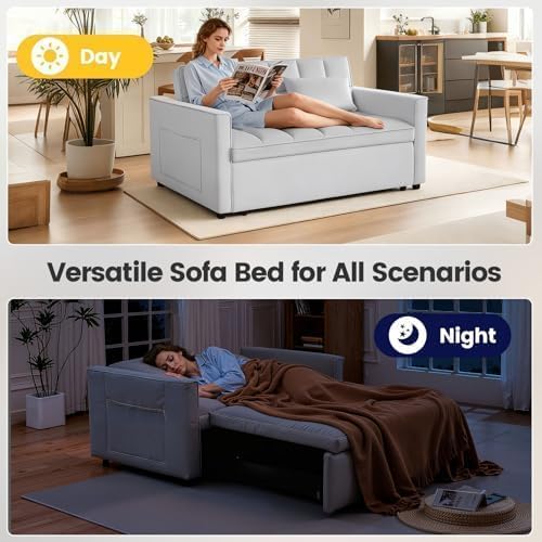 54'' Sleeper Sofa Bed, Convertible Pull Out Couch Futon with Side Pockets, Velvet Loveseat Sofa Bed with Adjustable Backrest, Armrest Pillows for Living Room Dorm Apartment, Light Gray