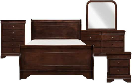 MASARA 4-Piece Louis Philippe Style Sleigh Queen Bedroom Set in Dark Cherry Finish