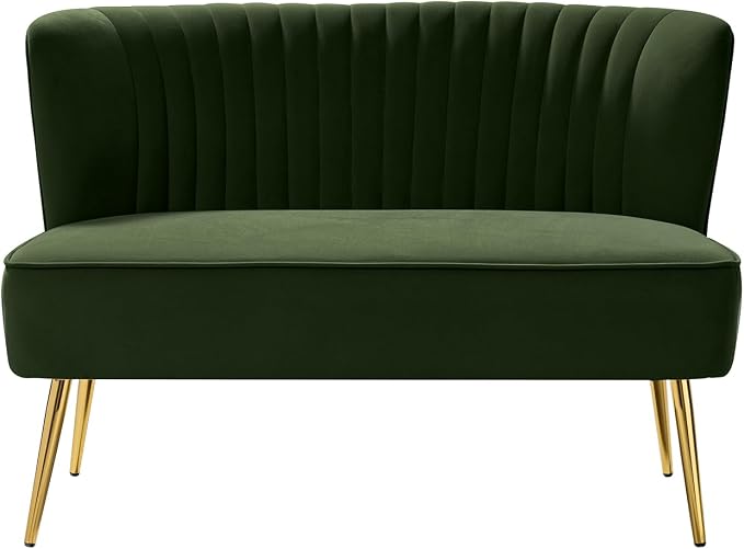 TINA'S HOME Mid-Century Velvet Loveseat Sofa, Upholstered Loveseat Couch with Golden Metal Legs, Small Tufted 2-Seat Sofa Armless Love Seat for Living Room Bedroom, Forest