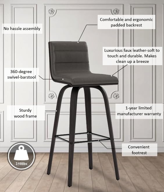 Armen Living Vienna Modern Swivel 30" Bar Height Barstool with Gray Faux Leather and Black Wood Finish
