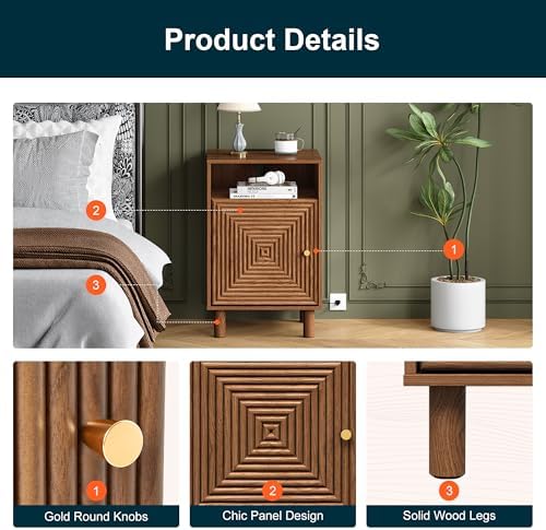 RoyalCraft Walnut Nightstand with Charging Station, End Table with Storage