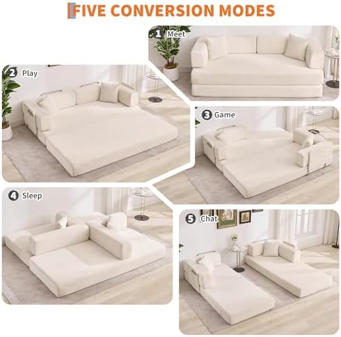 Garvee 5-in-1 Convertible Sofa Bed, 78.8" Modular Corduroy Sleeper with Sturdy Frame & No Assembly, Multi-Functional Futon for Small Space, Living Room & Guest Room (Green) (Beige)