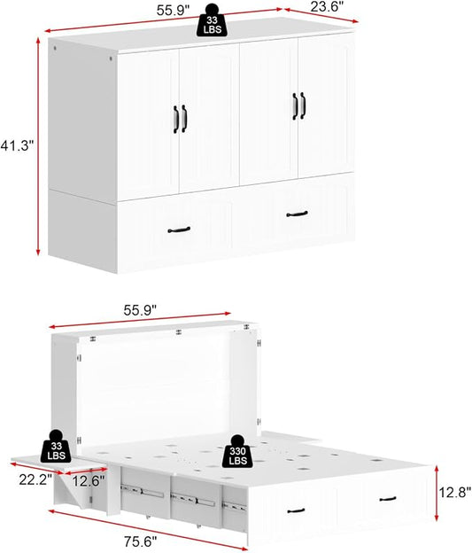 Full Murphy Bed with Drawer, Folded Cabinet Bed with Wheels & Black Metal Handles, Modern Murphy Bed Cabinet for Bedroom Guest Room White 75.6”L x 55.9”W x 41.3”H