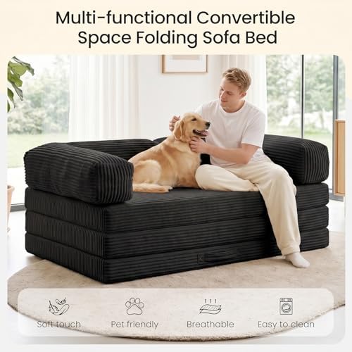 Convertible Sofa Bed, Tri-Folding Mattress Queen Futon Couch Bed, Boneless Sleeper Couch Bed with Removable Armrests & Washable Cover for Guest Room, Living Room, Queen, Black