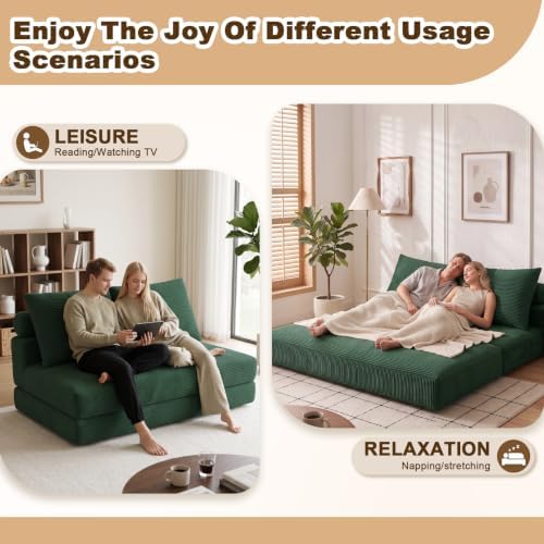 Folding Sofa Bed, 3-in-1 Convertible Sleeper Chair Bed with Pillows, Foldable Boneless Couch with High-Density Foam, Futon Floor Couch for Living Room Bedroom Lounge, Loveseat, Green