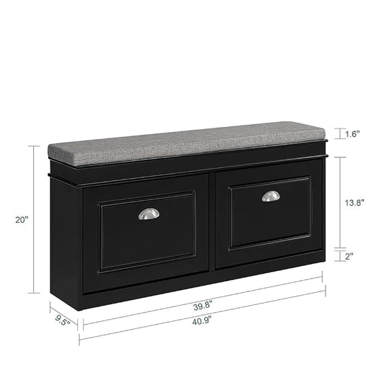 SoBuy Black Storage Shoe Bench with 2 Flip Drawers, Hidden Shoe Bench, Free Standing Shoe Rack, Shoe Cabinet, Hallway Storage Bench with Seat Cushion FSR64-SCH