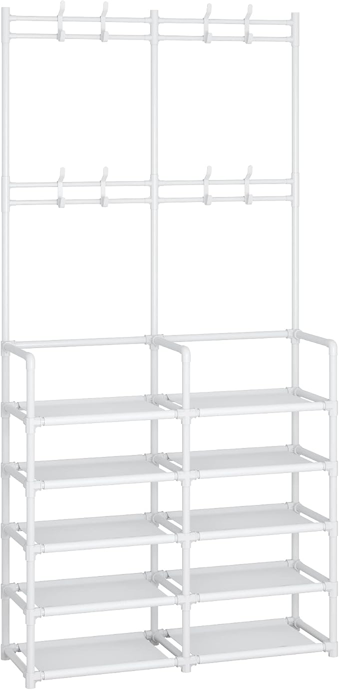 Laiensia 5-Tier Entryway Coat Rack, Coat and Shoe Rack, Entryway Bench Storage Organizer with 8 Hooks for Bedroom, Hallway, Office, White