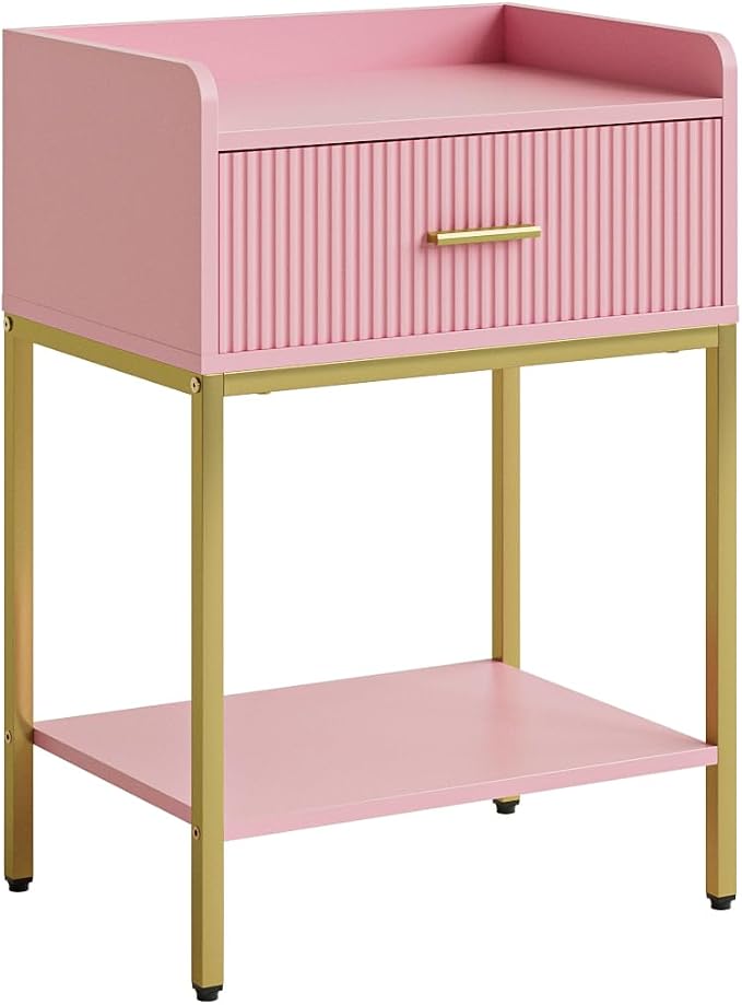 Nightstand, 3-Tier Bed Side Table, Small End Table, Night Stand with Open Shelf and Drawer, Bedside Table for Bedroom, Living Room, Pink