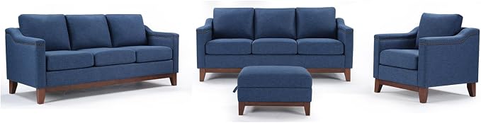 HAOMARKETS 4 Piece Fabric Sofa Set with Nailhead Trim, Included Upholstered Accent Chair with Thicked Cushion, 3 Seater Couch Set of 2 and Storage Ottoman with Flip-Top Table for Living Room, Blue
