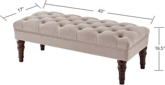 24KF Velvet Upholstered Buttons Tufted Entryway Bench with Solid Wood Leg,Bed Bench Ottoman with Padded Seat,5061N-Taupe