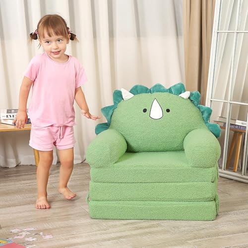 Kids Sofa Chair, 2-in-1 Foldable Couch, Sherpa, Dino Green