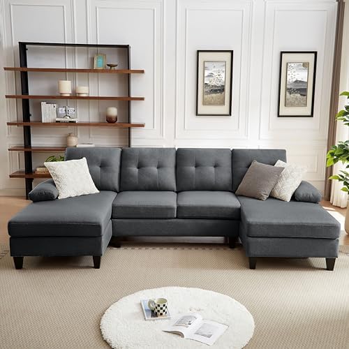 105" Sectional Sofa for Living Room, U-Shape 4 seat Large Couch with Double Chaises Polyester Linen Fibre for Living Room, Dark Grey