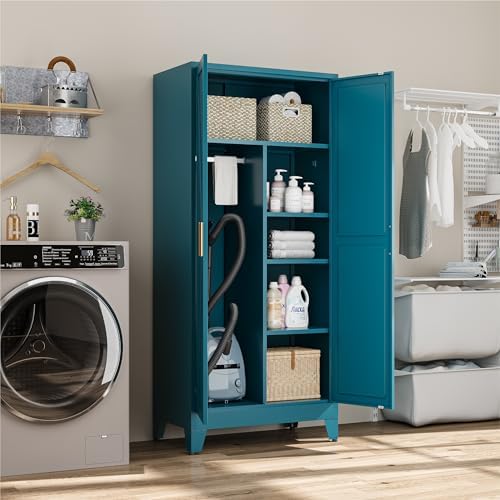 Bevivog 71" Metal Storage Cabinet, Tall Utility Closet Cabinet with Hanging Rod, Farmhouse Tall Laundry Room Cabinet for Garage, Blue Steel Closet Cabinets