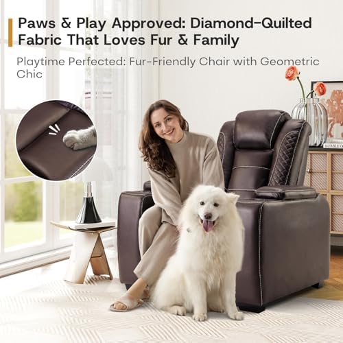 ANJ Power Recliner Chair Set of 6, Electric Recliner with Adjustable Headrest, Dual Motor Home Theater Seating with USB Port, Cup Holders, LED Lights, Hidden Arm Storage – PU Leather,Brown