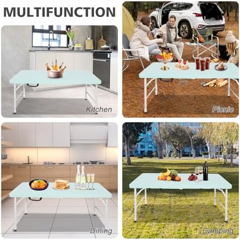 Portable 4Ft Folding Table, Heavy Duty Plastic Fold-in-Half Utility Foldable Table, Adjustable Height Plastic Folding Table with Carrying Handle for Camping &Party Indoor/Outdoor (Light Blue)