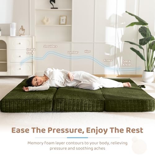 BYBYME Memory Foam Tri-Folding Mattress, 6 Inch Gel Folding Mattress Topper, Foldable Soft Guest Bed Camping Pad, with Washable Cover (Green, Queen)