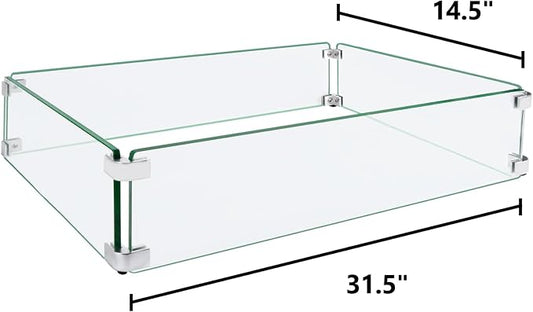 Fire Pit Wind Guard, 31.5"x14.5"x6" Glass Wind Guard for Fire Pit Square Table, Made of Clear Tempered Glass, Set with Assembly Instructions, Easy to Install