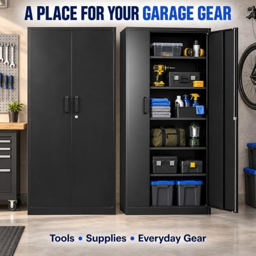 BYNSOE 72" Metal Garage Storage Cabinet with Locking Doors, 5 Adjustable Shelves and Leveling Feet, Steel Cabinet for Garage, Workshop and Home Office, Black
