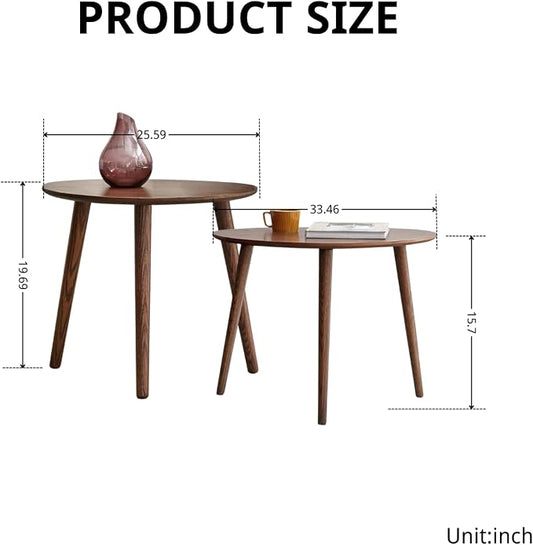 100% Solid Oak Wood Nesting Coffee Table,Mid Century Modern Oval Coffee Tables Set, Round Tables for Living Room, Pebble Side Table for Balcony (Walnut, Combine)
