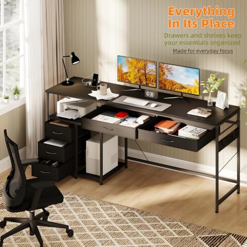 YOSHOOT 60" Computer Desk with 5 Drawers and Power Outlets, Black