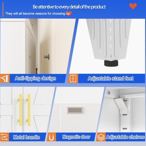 GAIOUS 71" Tall Kitchen Pantry Cabinet,Metal Storage Cabinet White Cupboard