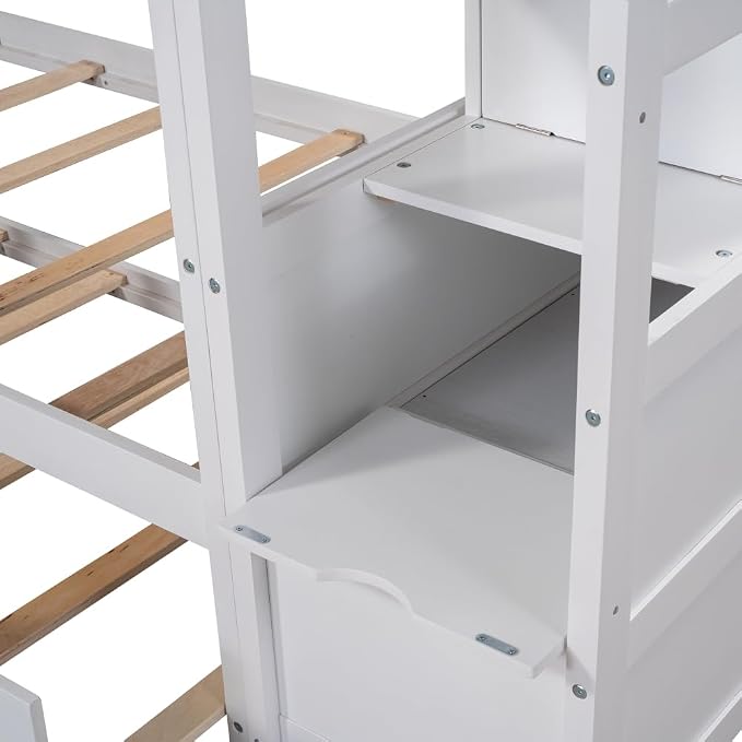 MERITLINE Twin Over Twin Bunk Beds with Trundle and Storage Box, Solid Wood Bunk Bed with Stairs and Storage Case for Teens Adults (White + Solid Wood)